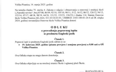 Odluka o provođenju popravnog ispita iz predmeta Engleski jezik