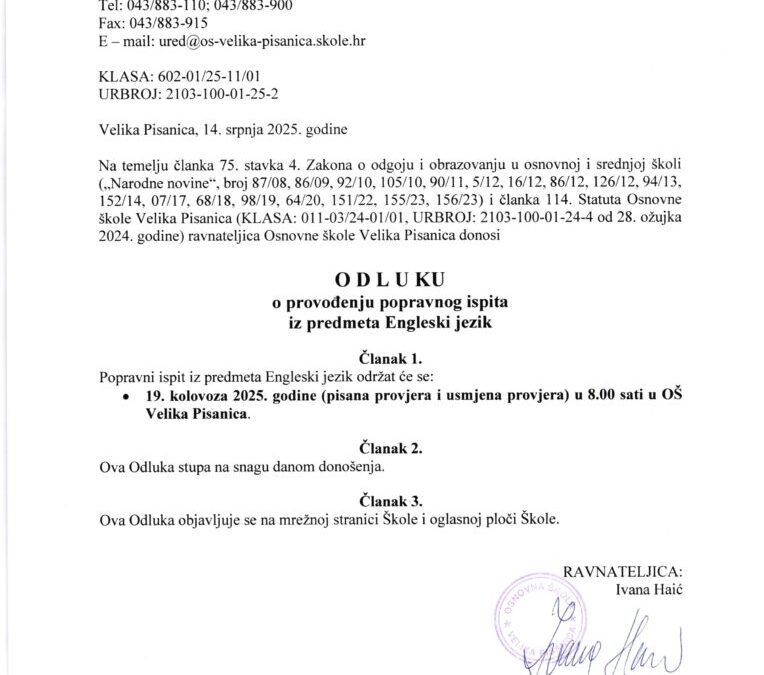 Odluka o provođenju popravnog ispita iz predmeta Engleski jezik